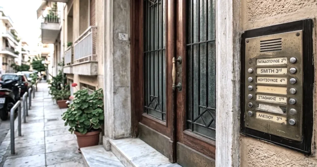 A documentary-style photograph of a vintage 1960s-style Athenian apartment building entrance. The focus is on a brass doorbell panel featuring several Greek names in capital letters, with "SMITH 3rd" prominently displayed among them. The background shows a typical sidewalk with potted geraniums and parked scooters under soft daylight.
