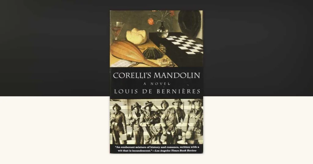 The front cover of the novel Captain Corelli's Mandolin by Louis de Bernières, featuring Mediterranean-inspired artwork.