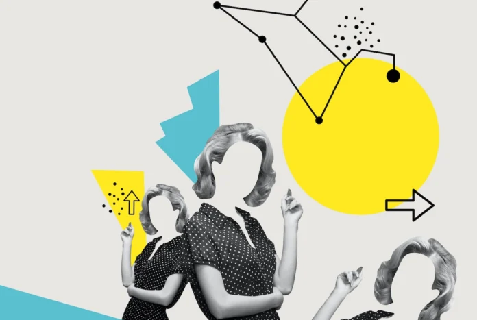 A minimalist editorial collage featuring stylized silhouettes and geometric shapes in blue and yellow, symbolizing the perspectives within the Greece Retirement Guide.