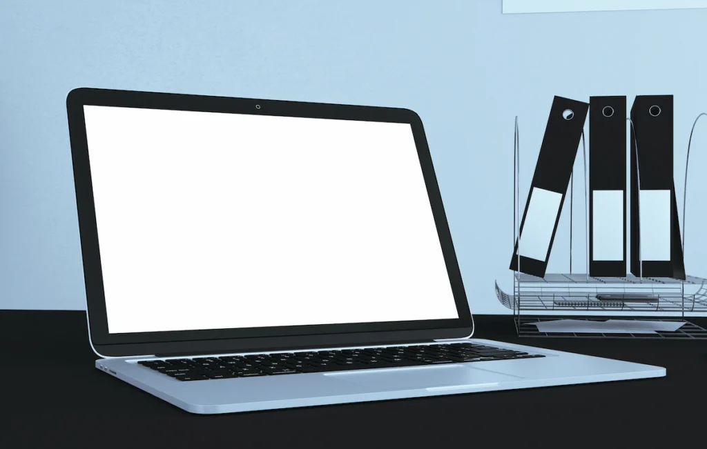 A minimalist vector illustration of a clean desktop featuring a laptop, a notebook with a pen, and a cup of Greek coffee against a soft blue background.