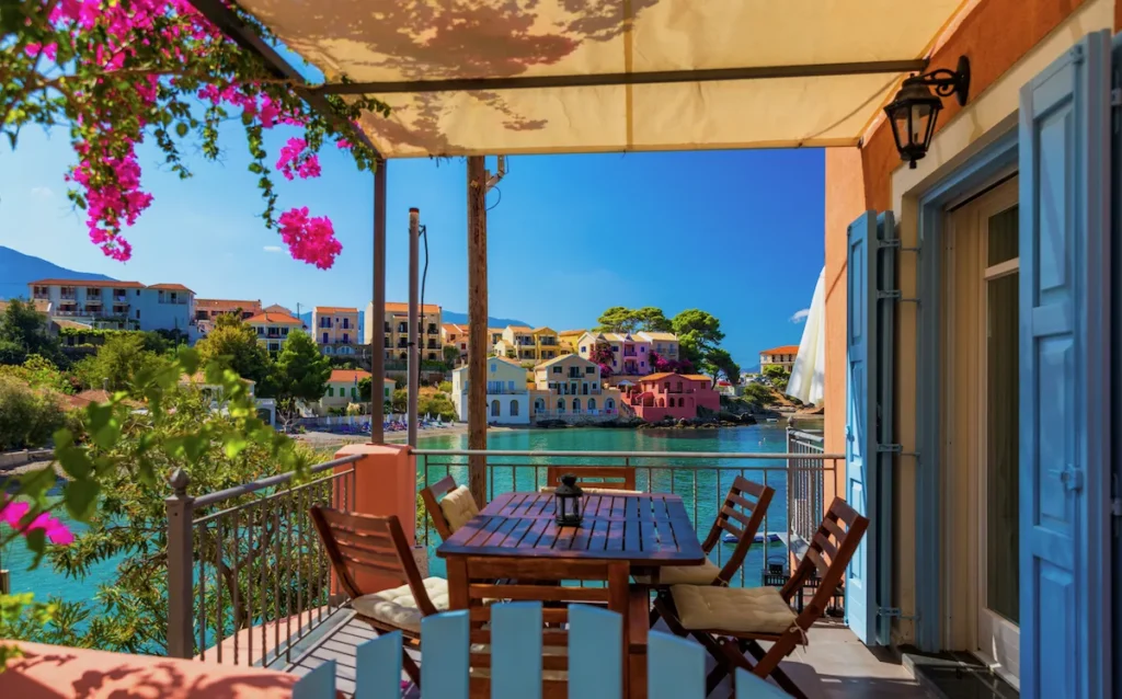 View of Assos Bay, Kefalonia, from a private balcony overlooking the Ionian.