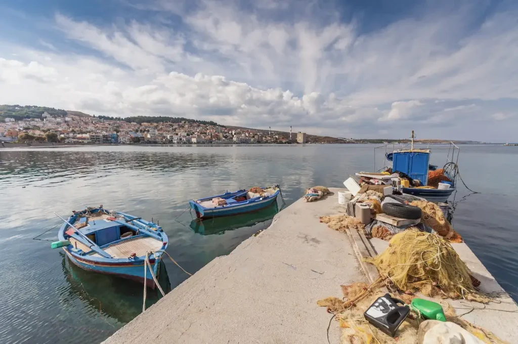 Fishing boats and a view of the city