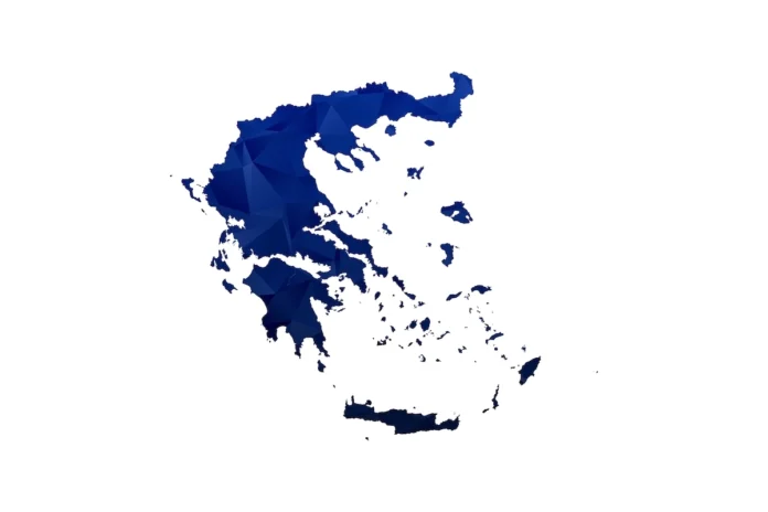 A high-contrast graphic map of Greece in solid blue against a clean white background, showing the coastline, islands, and major mountainous ranges.