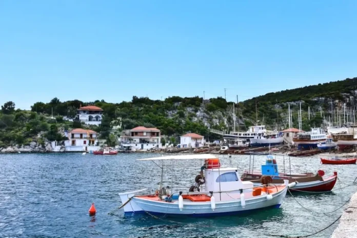 Fishing boats moored at the port of Old Trikeri.