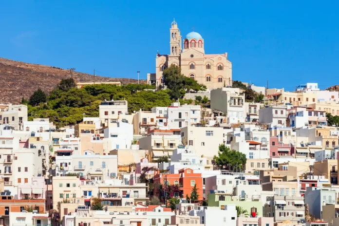 The hill in Ermoupoli topped with a large historic church overlooking the city.