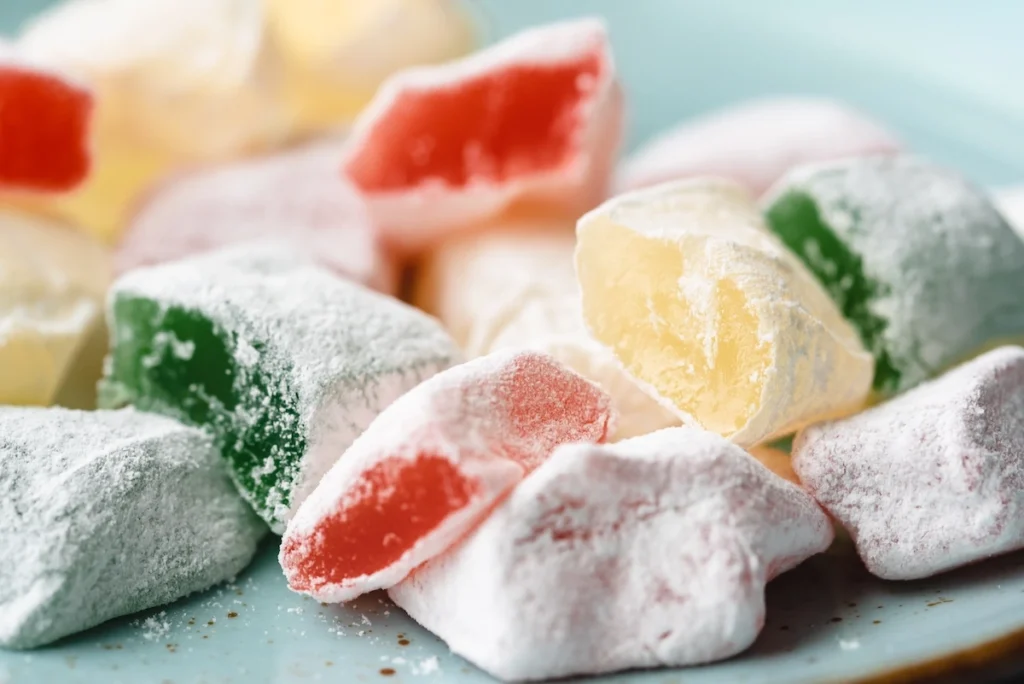 A colorful close-up of traditional Syros loukoumia (Turkish delights) dusted in powdered sugar, featuring flavors like rose, mastic, and bergamot.