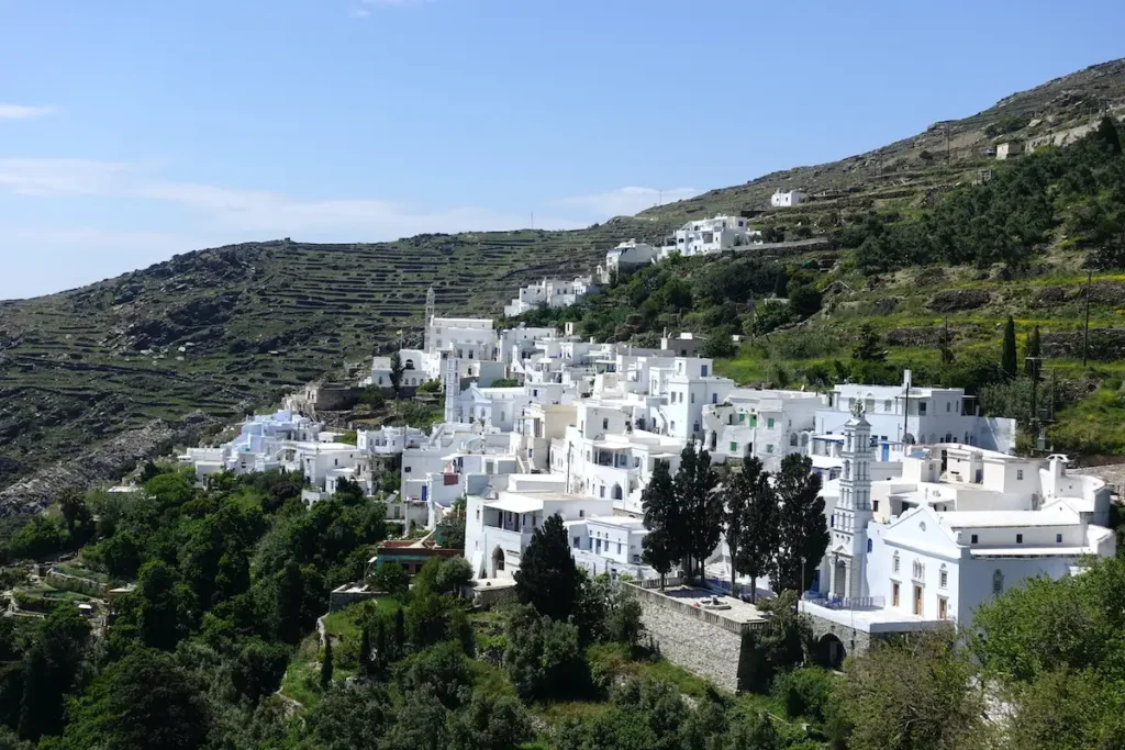 Aerial landscape of Kardiani village Tinos in winter with lush green terraced hills kardiani village tinos winter green nature landscape.