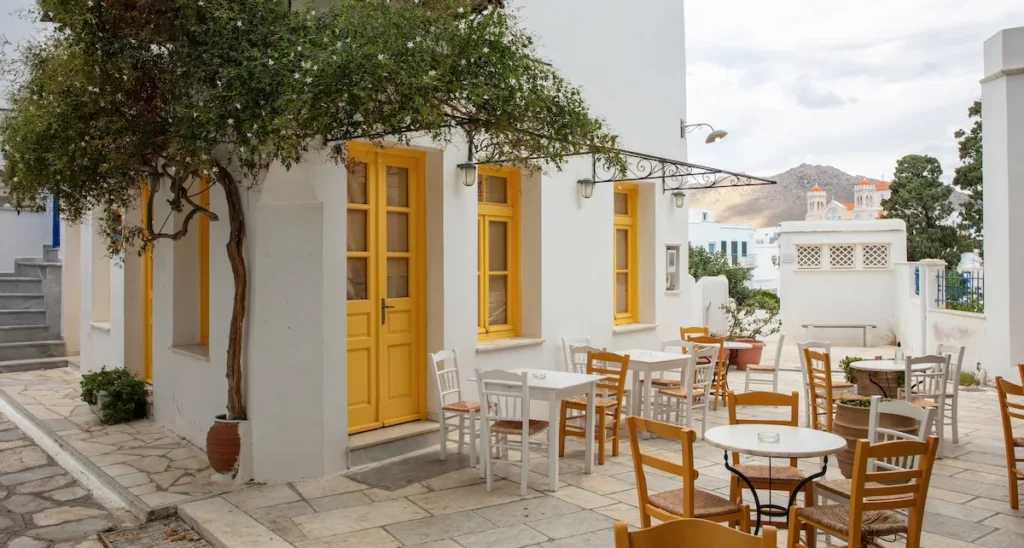 Empty traditional kafenion in Pyrgos Tinos during siesta hours