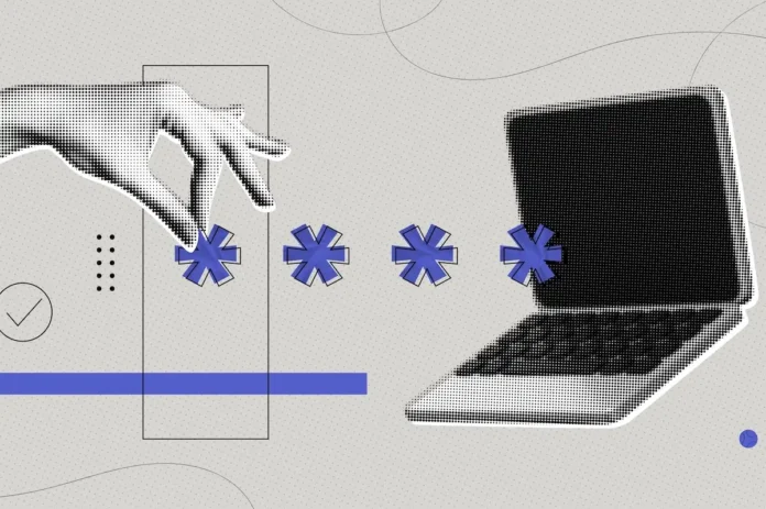 A collage illustration of a hand holding a security pin over a stylized gateway, representing the gov.gr portal as the primary entry point for Greek public administration.