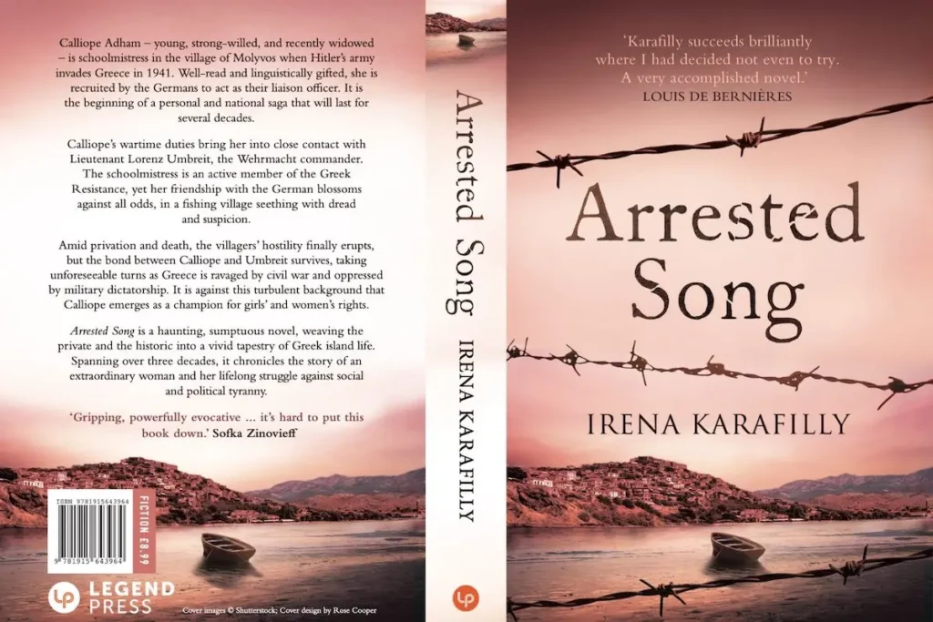 Front and back covers of the novel Arrested Song by Irena Karafilly, featuring a historical Greek village setting and the story synopsis.