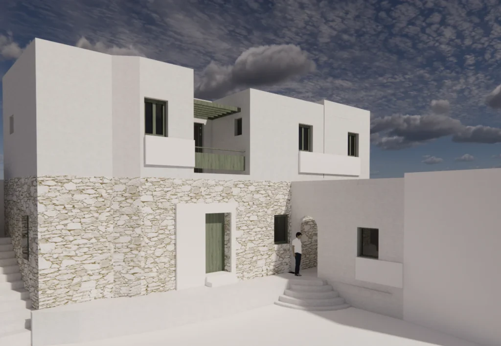 A classic Cycladic house with whitewashed walls and soft, rounded edges, concealing a state-of-the-art smart home interior.