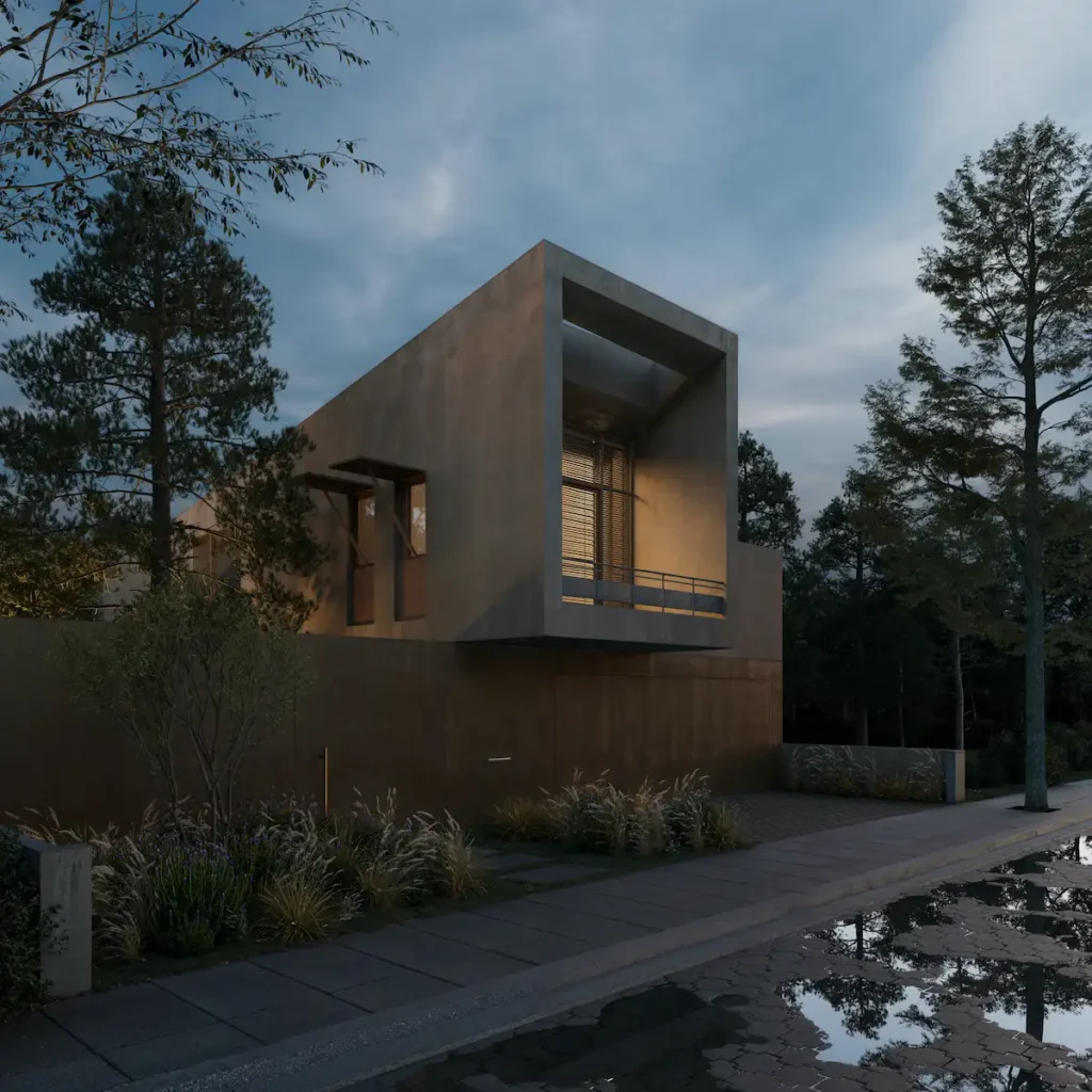 A close-up of a concrete residential facade with bold architectural angles, highlighting the modern paragonal design of the Urban Barn.