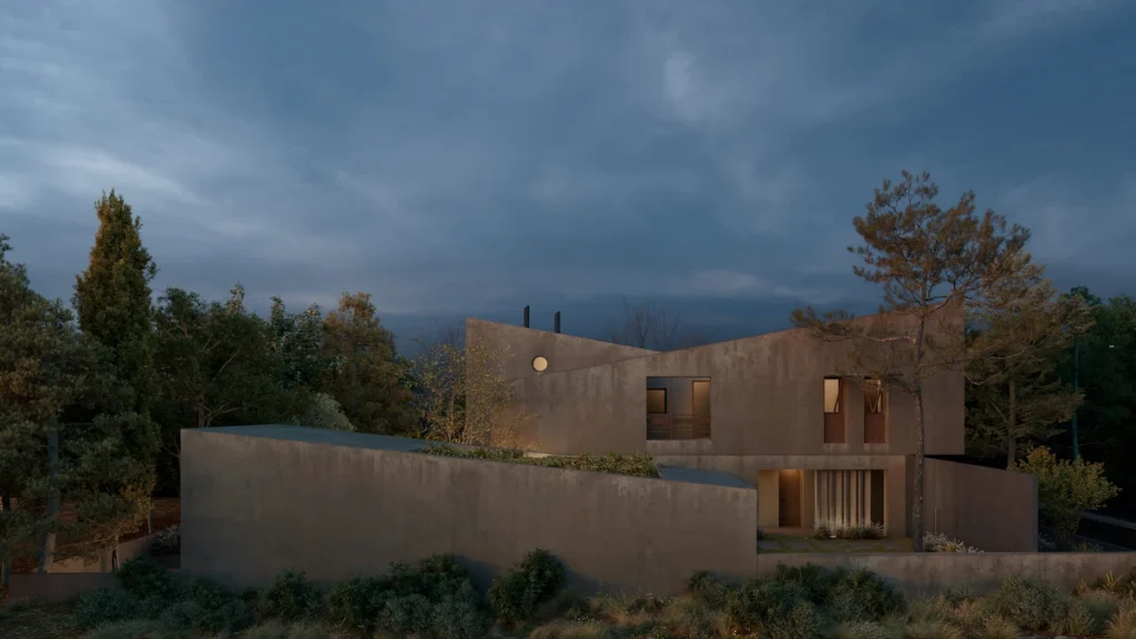A modern residential structure with a raw concrete exterior, featuring sharp diagonal lines and a paragonal silhouette that evokes mid-century Greek modernism.