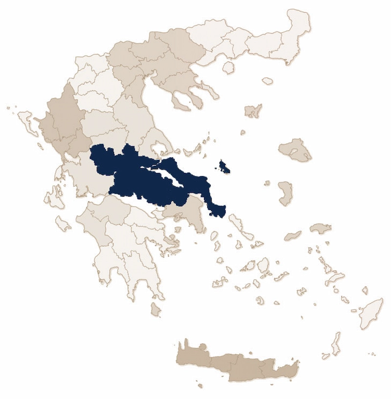 A detailed map of Central Greece (Sterea Ellada) highlighting key retirement hubs.