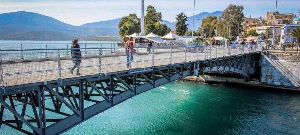The historic Old Bridge of Chalkis over the Euripus Strait.