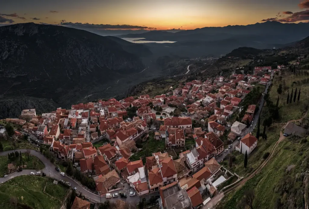 A panoramic view from Chrisso village overlooking the vast olive groves of the Pleistos Valley and the Corinthian Gulf.