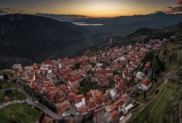 A panoramic view from Chrisso village overlooking the vast olive groves of the Pleistos Valley and the Corinthian Gulf.