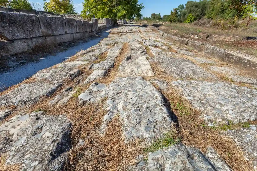 Large, flat ancient stones forming a wide Roman road through the greenery of the Dion archaeological site.