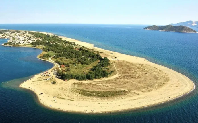 Aerial view of Ammoglossa's sand tongue peninsula in Keramoti, showing a curved beach and pine forest stretching toward the Nestos Delta.