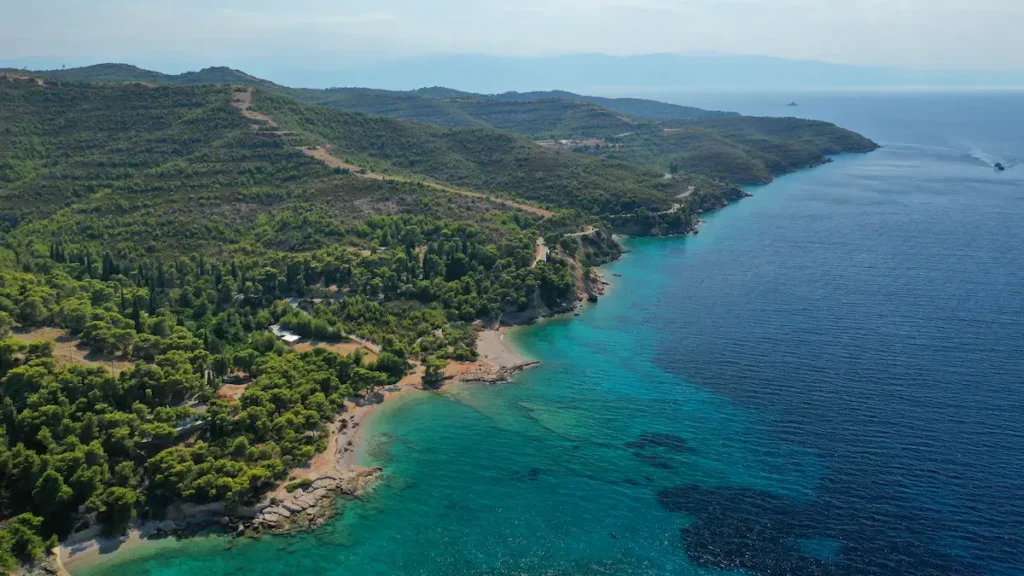 A secluded bay with turquoise water and pine trees near the Ligoneri area of Spetses.