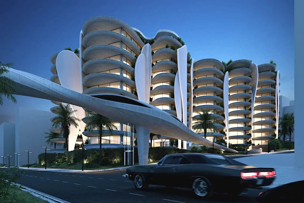 3D rendering of the Sansiveria private residence in Faliro, featuring organic, white geometric balconies and modern landscaping.