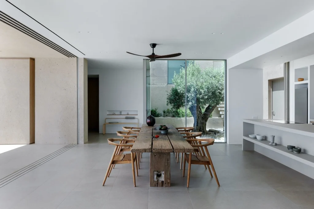 Interior shot of the Tinos Slot House and its modern kitchen.