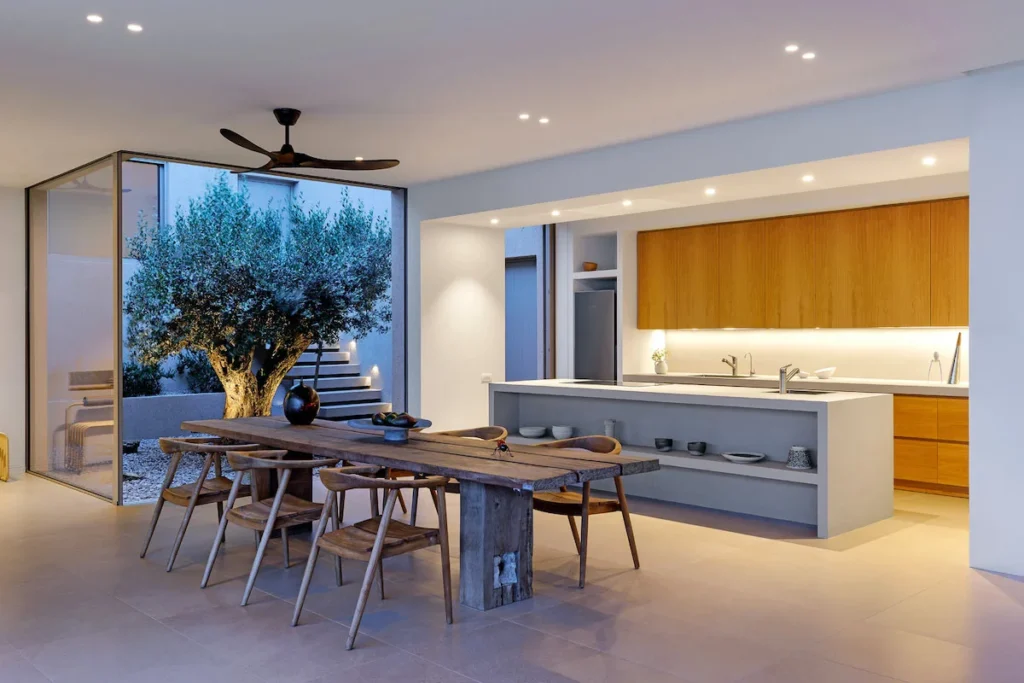 The kitchen of the "cleft in the hillside" design at the Slot House on Tinos.