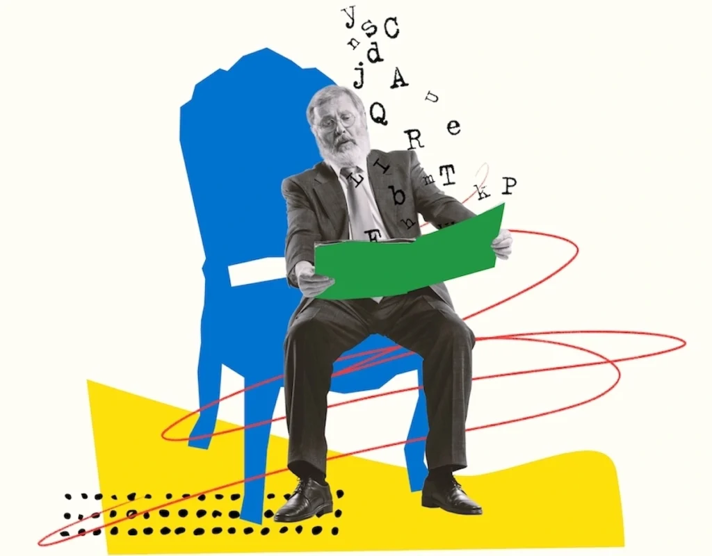 A collage featuring a man intently reviewing a file while seated on a painted blue chair, symbolizing the focused transition from administrative complexity to organized clarity.