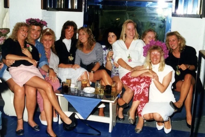 Female tourists socialising at a Rhodes discotheque in the 1970s