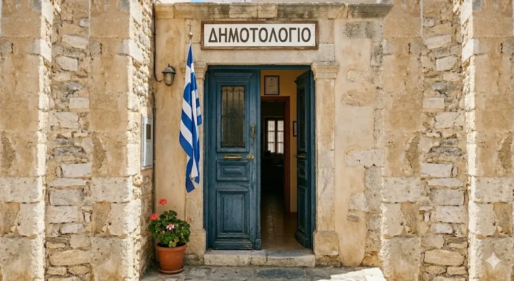 A photorealistic, AI-generated image created with Gemini, showing the entrance of a Greek building with a sign that reads "ΔΗΜΟΤΟΛΟΓΙΟ" (Municipal Registry). It features aged stone walls, a weathered blue wooden door, and a Greek flag hanging next to a potted geranium plant.