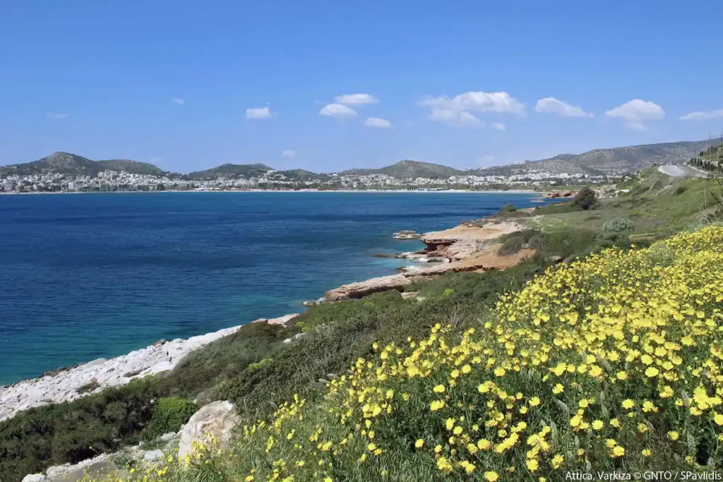Coastal view of Varkiza on the Athens Riviera, featuring seaside homes, low-density residential areas, beaches and the relaxed coastal environment south of Athens.