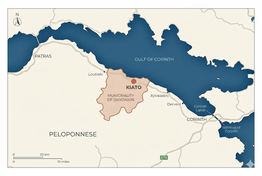A map of the Northern Peloponnese in Greece, highlighting the Municipality of Sikyonion and the town of Kiato on the Gulf of Corinth.