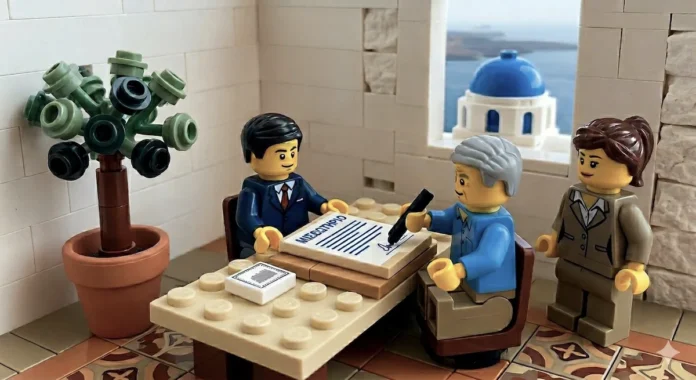 A photorealistic miniature diorama using LEGO bricks and minifigures. Inside a traditional Greek whitewashed stone room, a male minifigure (the agent) sits at a table across from two older client minifigures (a seated man, a standing woman). A paper piece labeled 