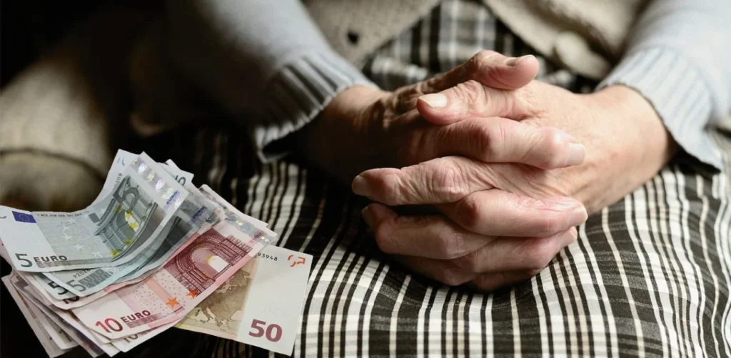 Collage showing the weathered hands of an elderly person and Euro banknotes.