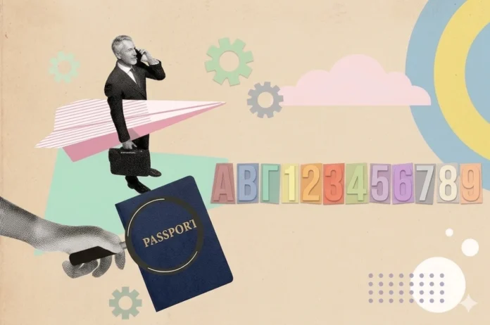 A conceptual collage showing a senior businessman inside a paper airplane, a hand with a magnifying glass on a passport, and the code 'ΠA 123456789'.