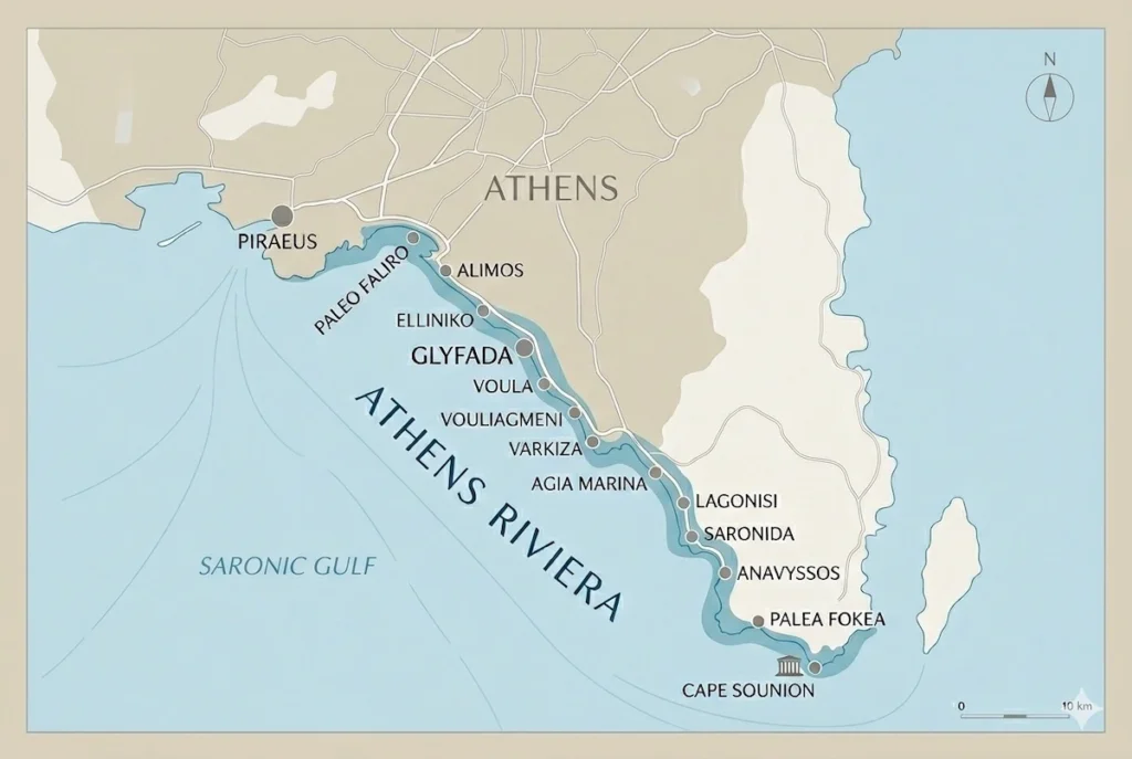 A stylized map of the Athens Riviera, Greece. The beige land shows the coastline from Piraeus down to Cape Sounion. Major suburbs like Glyfada and Vouliagmeni are marked in order along the light blue Saronic Gulf, concluding with a Temple of Poseidon icon. Includes a simple north arrow and distance scale.