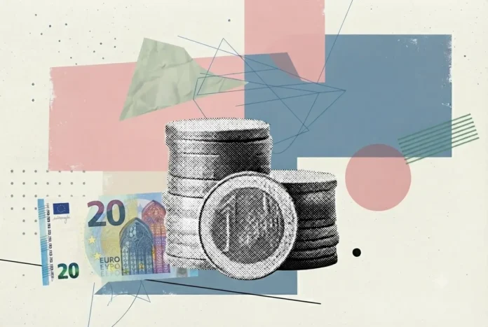 A mixed-media collage against a textured cream background featuring a black and white halftone stack of Euro coins and a 20 Euro banknote. Geometric shapes in dusty pink and blue, a crumpled green paper triangle, a red circle, and various blue and green line drawings are layered in a modern, abstract composition.