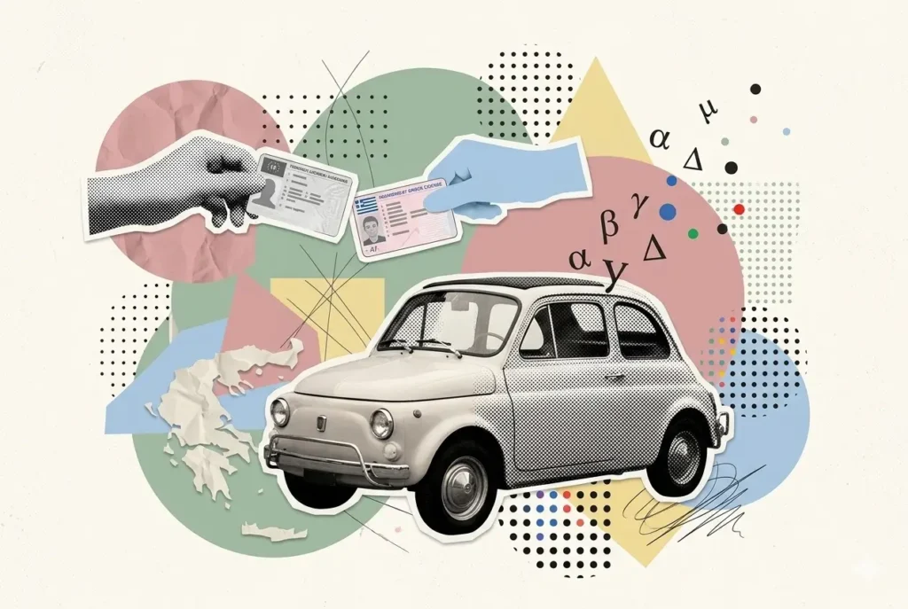 Two hands exchanging driving licences, one Greek and one foreign, with a vintage Fiat 500 and geometric shapes in the background