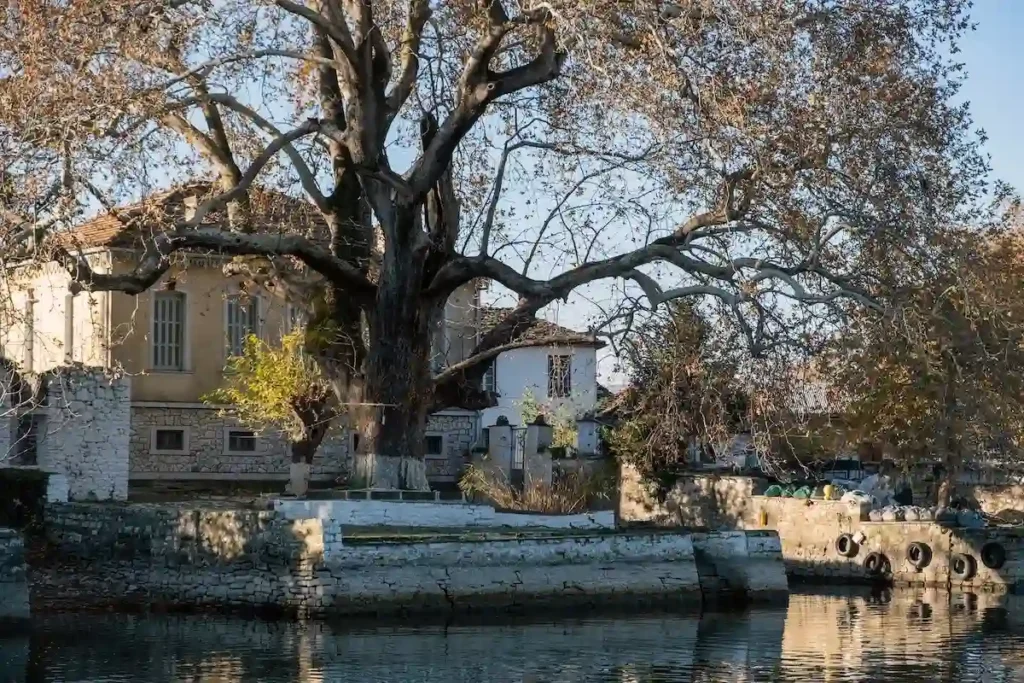 Neoclassical lakefront mansion with trees and water in Ioannina