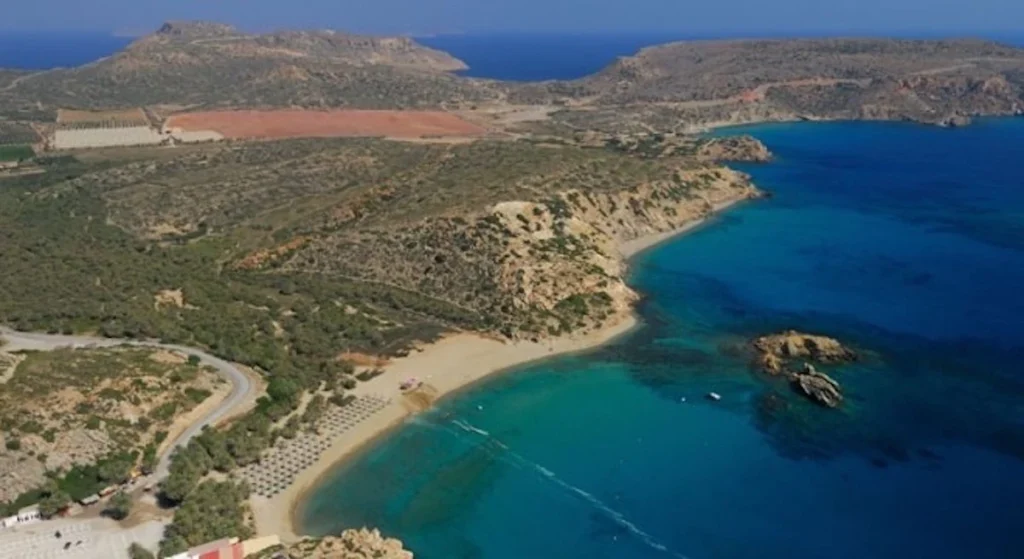 Panoramic aerial view of the rocky, arid terrain of Cape Sidero in northeastern Crete, the proposed site for the delayed Itanos Gaia resort project.