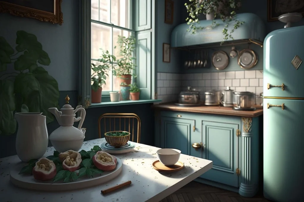 Light blue retro-style kitchen with a fridge, sink, central table, teapot, and a large window with decorative plants.