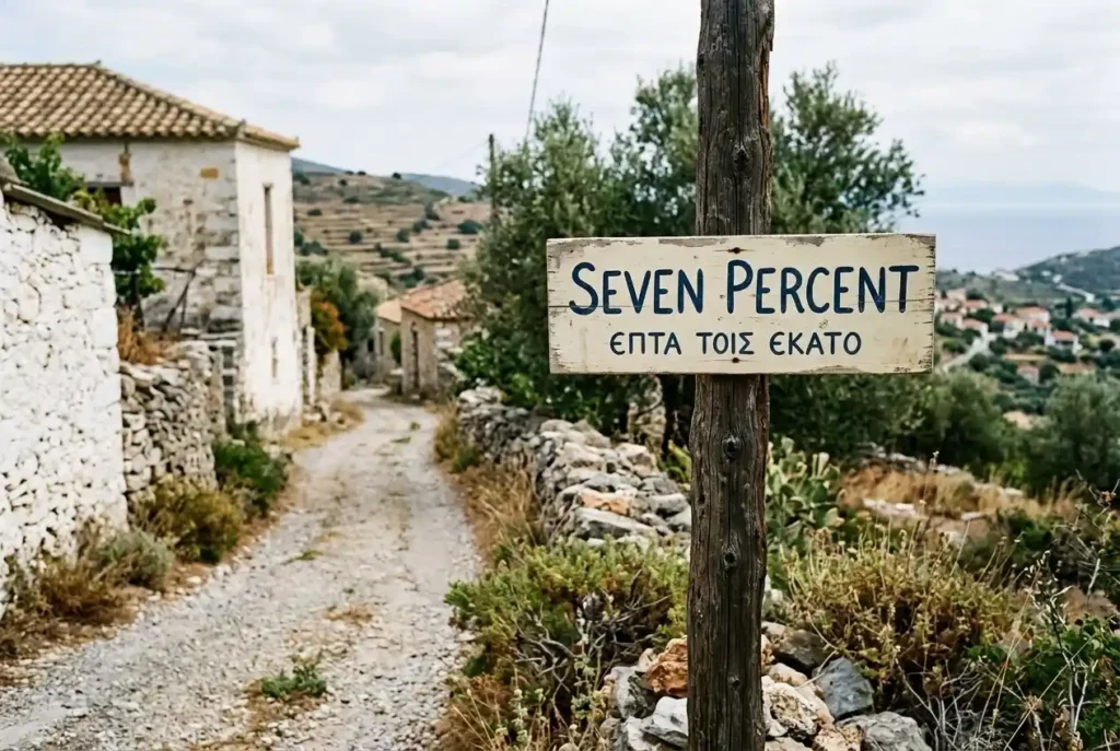 A weathered wooden signpost on a rustic dirt path leading into a traditional Greek village, with a hand-painted wooden sign reading "SEVEN PERCENT" and "ΕΠΤΑ ΤΟΙΣ ΕΚΑΤΟ" below it in blue Greek letters, symbolizing the flat tax incentive. The village has stone and stucco houses and faces terraced hills and the sea under an overcast sky.
