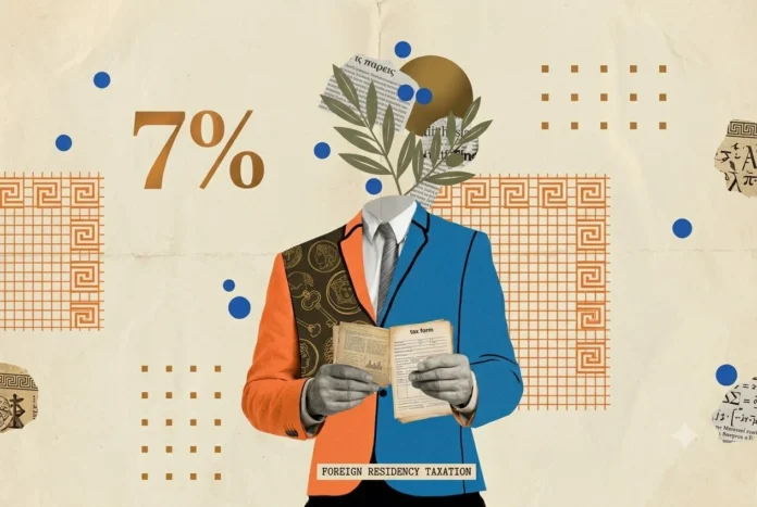 A conceptual illustration of a man holding tax forms, with a geometric drawing replacing his head, surrounded by abstract shapes and a bold 7% symbol.