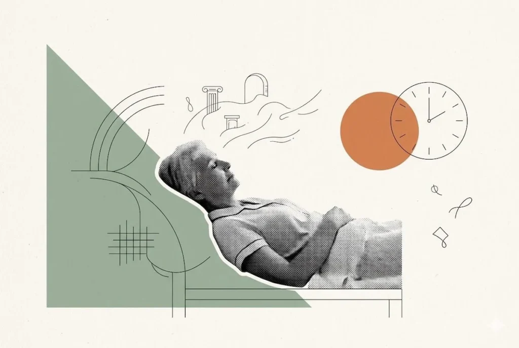 A digital collage illustration of an elderly woman napping on a sofa, with a clock in the background showing 2:00.