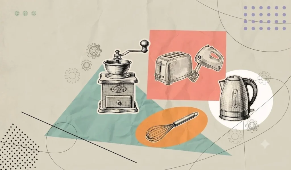 Illustrated collage of small kitchen appliances in pastel colours and abstract shapes.
