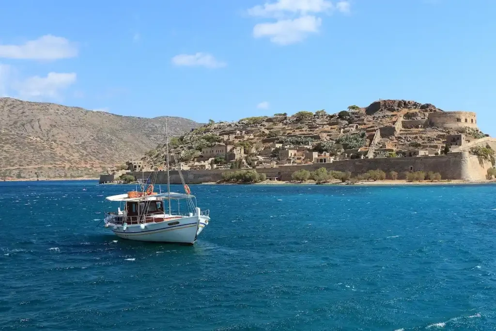 Traditional Greek fishing boat near Spinalonga island, Crete