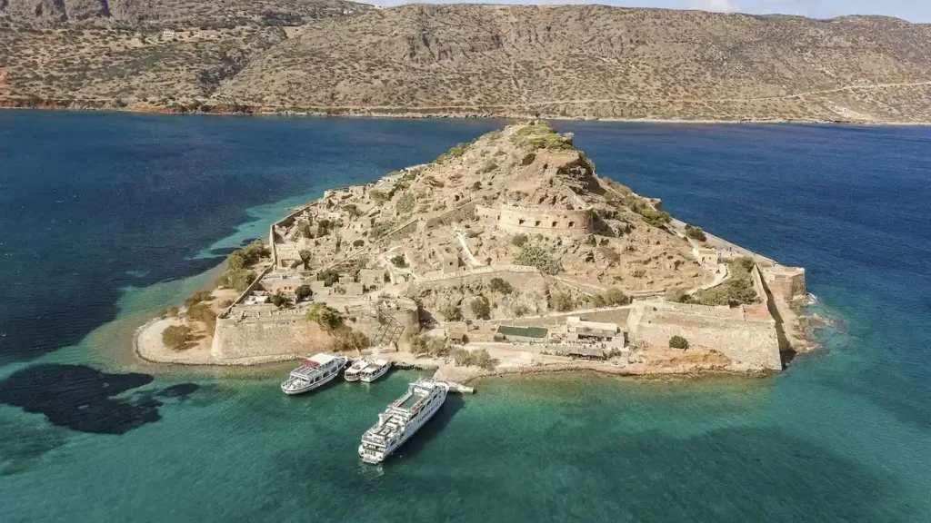 Aerial view of Spinalonga island off the coast of Elounda, Crete