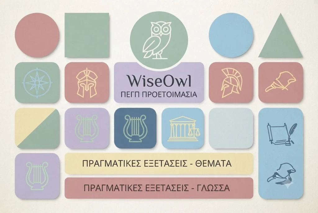 WiseOwl Greek Citizenship Prep app interface illustration with owl mascot