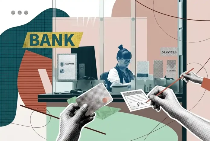 A stylized digital illustration showing a bank branch desk with an employee and hands signing a document.