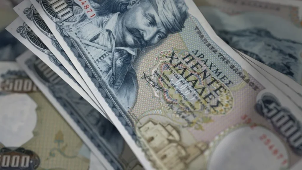 Vintage blue 5,000 drachma banknote featuring the portrait of Theodoros Kolokotronis, a hero of the 1821 Greek revolution.